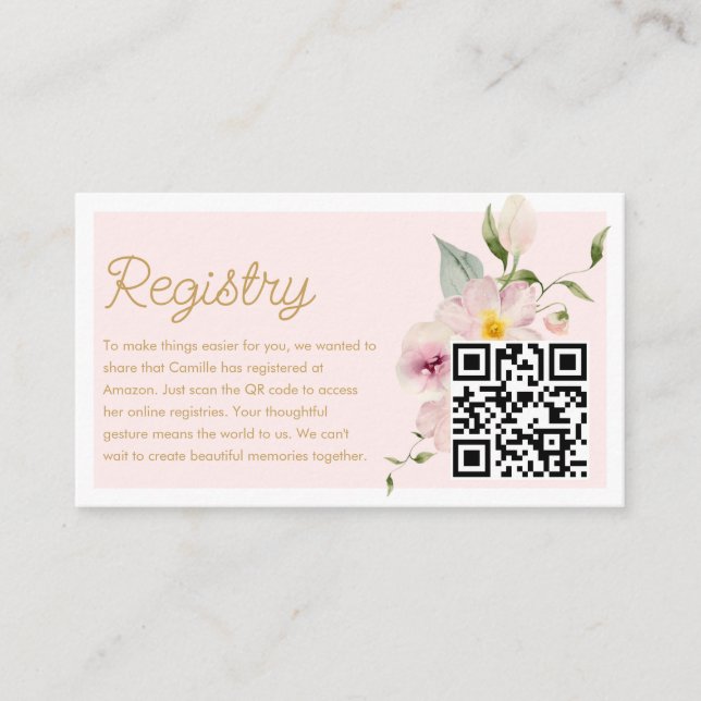 Elegant Blush Pink Floral Registry QR Code Card (Front)