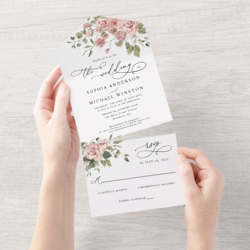 Elegant Blush Pink Floral Rose Botanical Wedding All In One Invitation