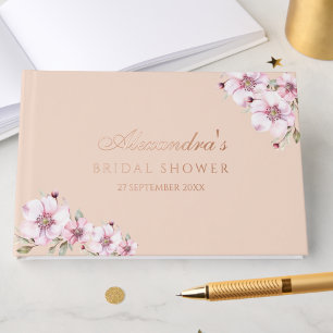 Elegant Blush Pink Floral Roses Bridal Shower Foil Guest Book