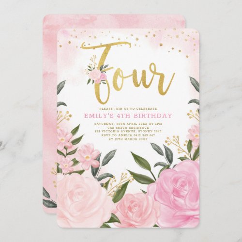 Elegant Blush Pink Floral Roses Girl 4th Birthday Invitation