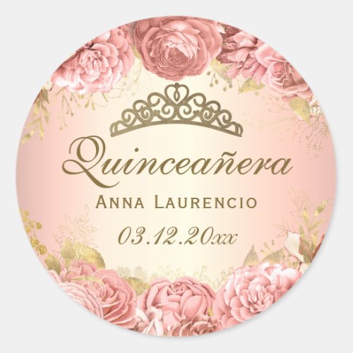 Elegant Blush Pink Floral Roses Quinceanera Classic Round Sticker