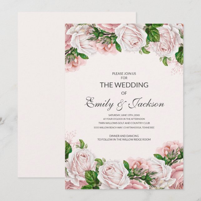 Elegant Blush Pink Floral Roses Wedding Invitation (Front/Back)