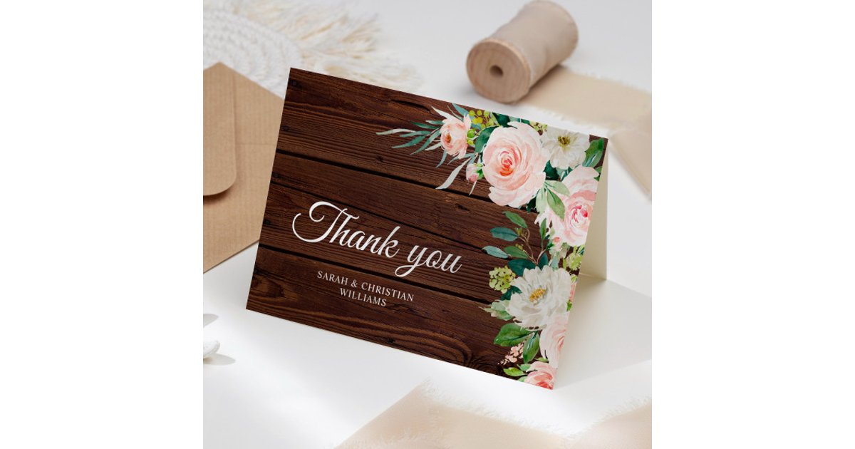 Elegant Blush Pink Floral Rustic Wood Thank You Card | Zazzle