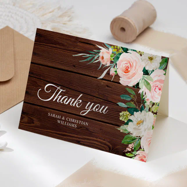 Elegant Blush Pink Floral Rustic Wood Thank You Card | Zazzle