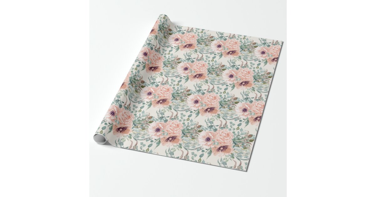 Elegant Blush Pink Floral Sage Green Foliage Wrapping Paper | Zazzle