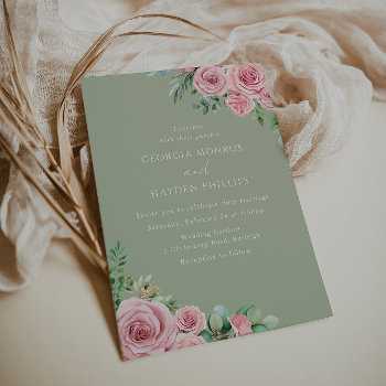 Elegant Blush Pink Floral Sage Wedding Invitation by Nicheandnest at Zazzle