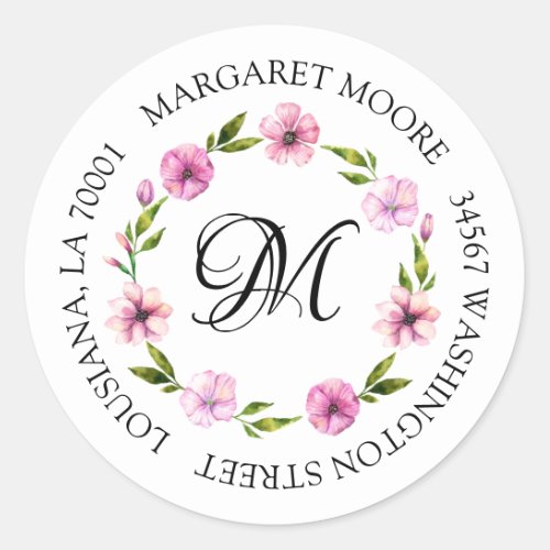 Elegant Blush Pink Floral Script Monogram Address Classic Round Sticker