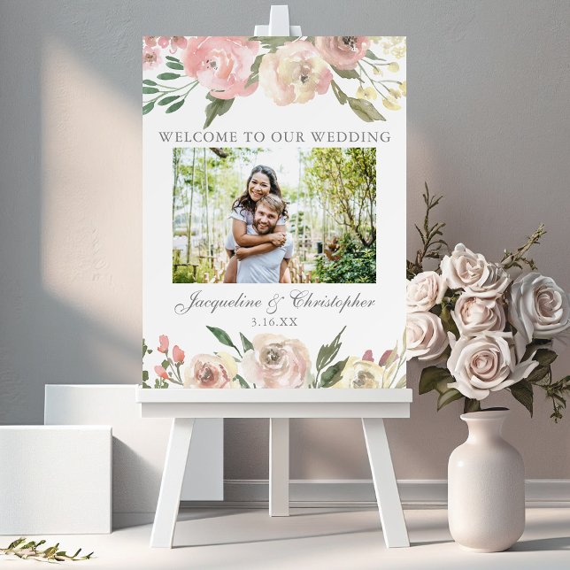 Elegant Blush Pink Floral Script Photo Wedding Foam Board (Creator Uploaded)