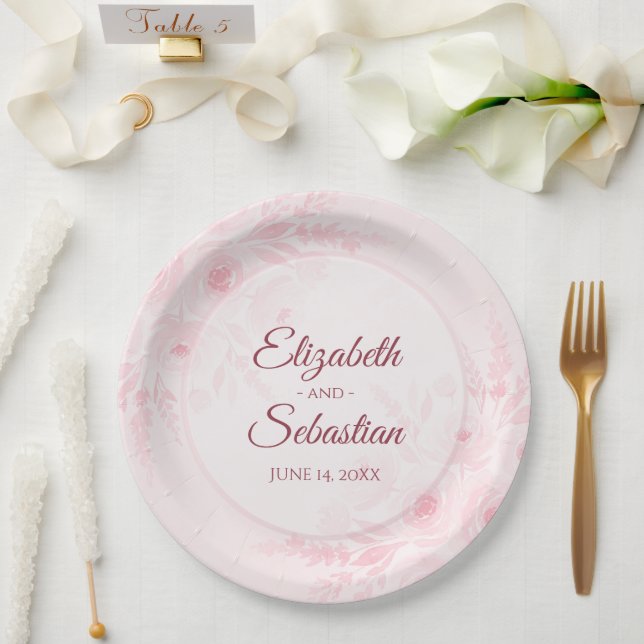 Elegant Blush Pink Floral Simple Boho Chic Wedding Paper Plates (Wedding)