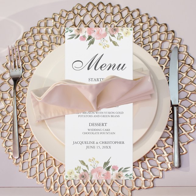 Elegant Blush Pink Floral Spring Wedding Dinner Menu (Creator Uploaded)