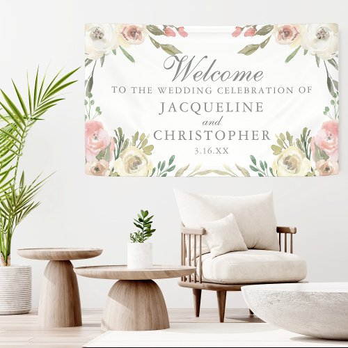 Elegant Blush Pink Floral Spring Wedding Welcome Banner