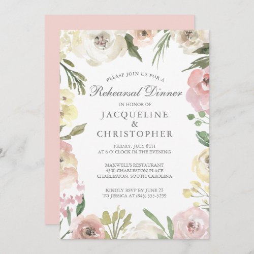 Elegant Blush Pink Floral Summer Rehearsal Dinner Invitation