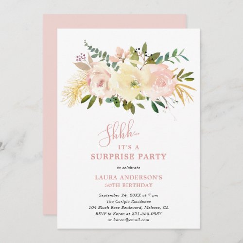 Elegant Blush Pink Floral Suprise Birthday Party Invitation