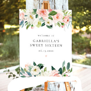 Elegant Blush Pink Floral Sweet 16 Welcome Foam Board