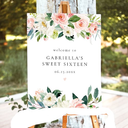 Elegant Blush Pink Floral Sweet 16 Welcome Foam Board