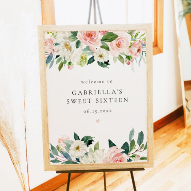 Elegant Blush Pink Floral Sweet 16 Welcome Poster (Creator Uploaded)