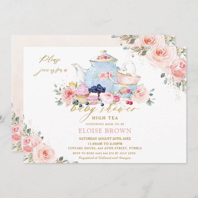 Elegant Blush Pink Floral Tea Party Baby Shower In Invitation (Front/Back)