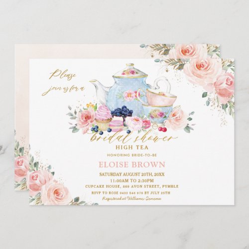 Elegant Blush Pink Floral Tea Party Bridal Shower Invitation