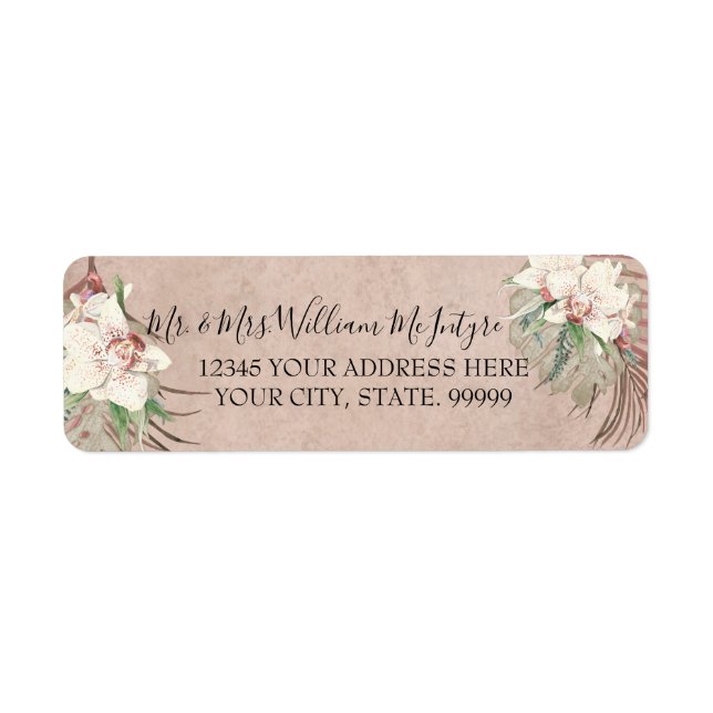 Elegant Blush Pink Floral Tropical Foliage Wedding Label (Front)
