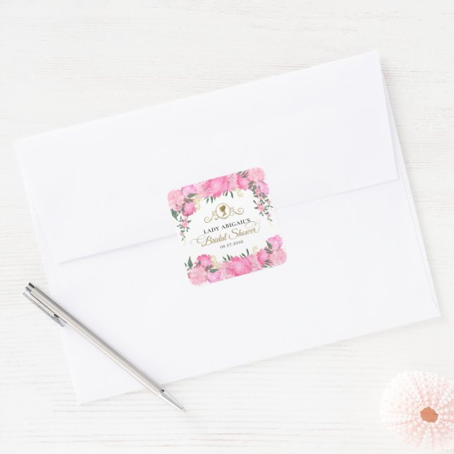 Elegant Blush Pink Floral Victorian Bridal Shower Square Sticker (Envelope)