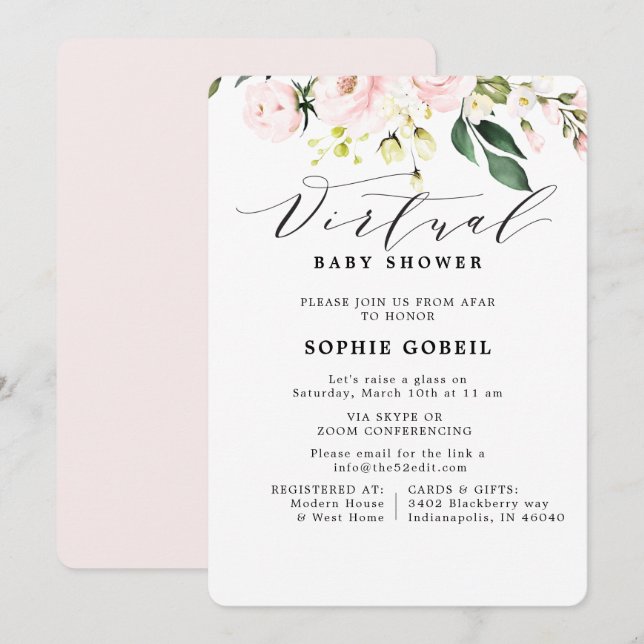 Elegant Blush Pink  Floral VIRTUTAL Baby Shower Invitation (Front/Back)