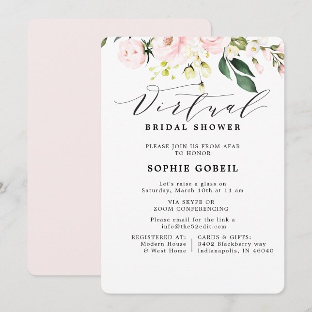 Elegant Blush Pink  Floral VIRTUTAL Bridal Shower Invitation (Front/Back)