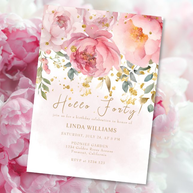 Elegant Blush Pink Floral Watercolor 40th Birthday Invitation (Creator Uploaded)