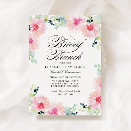 Elegant Blush Pink Floral Watercolor Bridal Brunch Invitation