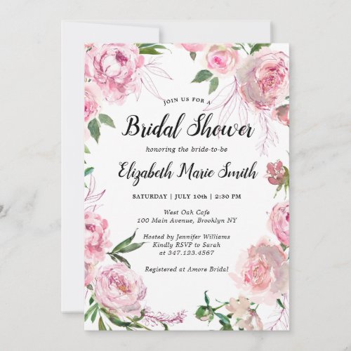 Elegant Blush Pink Floral Watercolor Bridal Shower Invitation