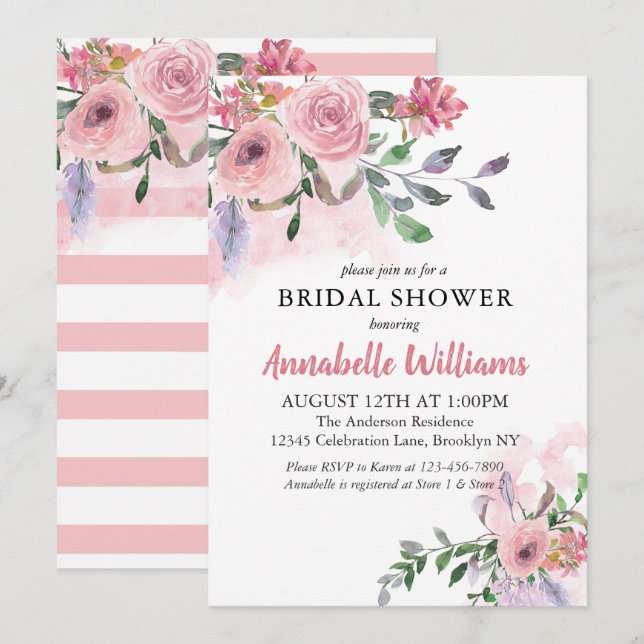 Elegant Blush Pink Floral Watercolor Bridal Shower Invitation (Front/Back)