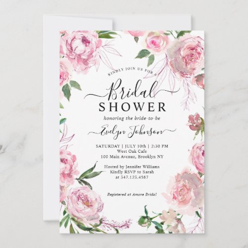 Elegant Blush Pink Floral Watercolor Bridal Shower Invitation
