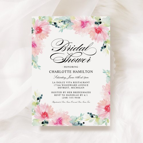 Elegant Blush Pink Floral Watercolor Bridal Shower Invitation