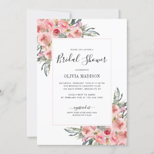 Elegant Blush Pink Floral Watercolor Bridal Shower Invitation