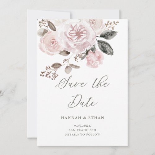 Elegant Blush Pink Floral  Watercolor Photo Save The Date