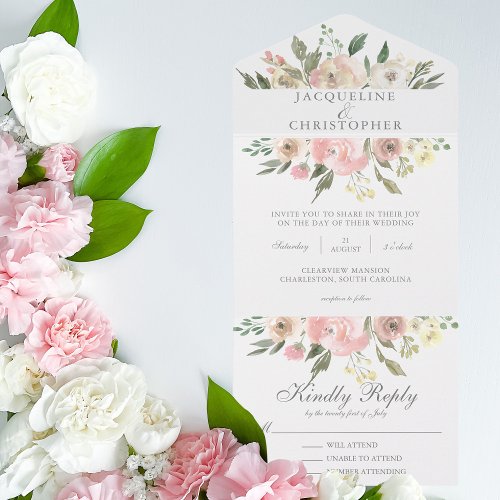 Elegant Blush Pink Floral Watercolor Wedding All In One Invitation