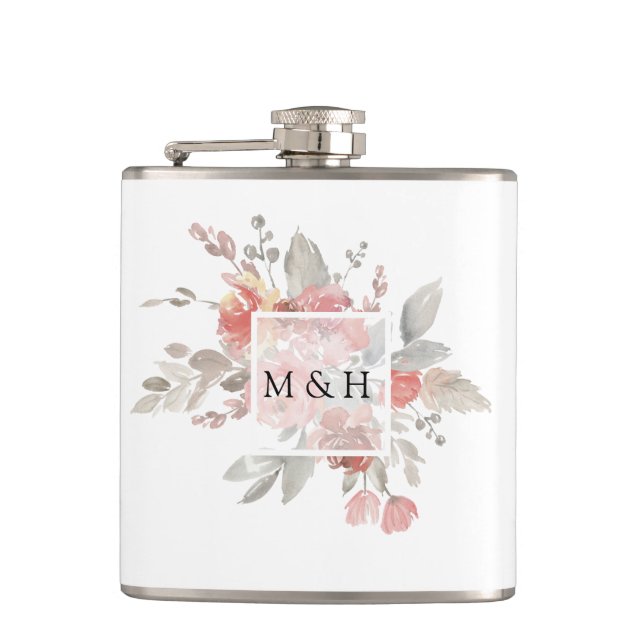 Elegant Blush Pink Floral Watercolor Wedding Flask (Front)