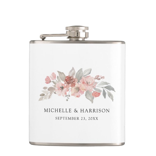 Elegant Blush Pink Floral Watercolor Wedding Flask (Front)