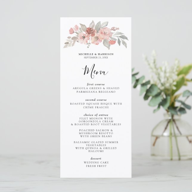 Elegant Blush Pink Floral Watercolor Wedding Menu (Standing Front)