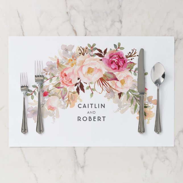 Elegant Blush Pink Floral Watercolor Wedding Paper Placemat (In Situ)