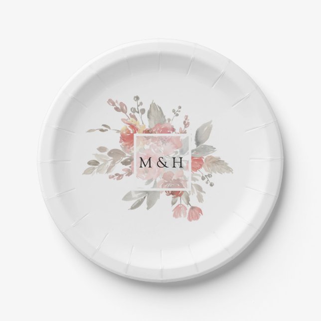 Elegant Blush Pink Floral Watercolor Wedding Paper Plates (Front)