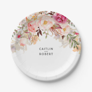 Elegant Blush Pink Floral Watercolor Wedding Paper Plates