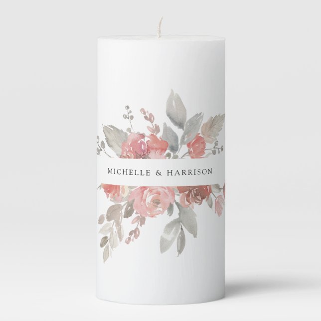 Elegant Blush Pink Floral Watercolor Wedding Pillar Candle (Front)