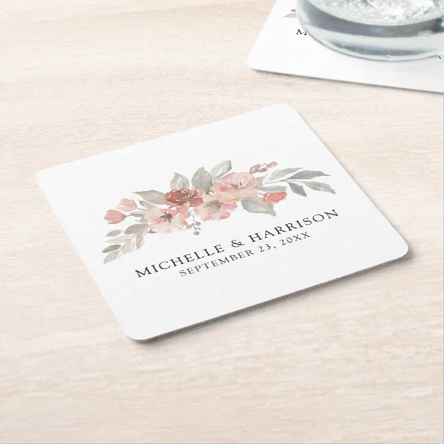 Elegant Blush Pink Floral Watercolor Wedding Square Paper Coaster | Zazzle