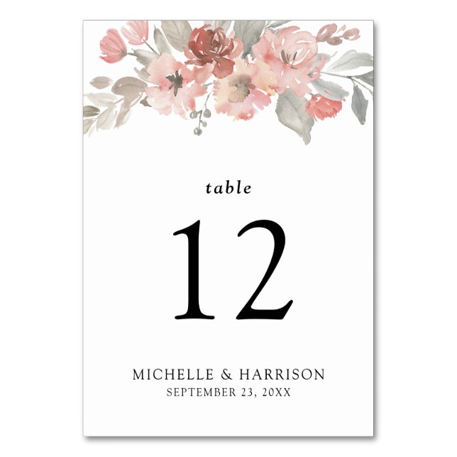 Elegant Blush Pink Floral Watercolor Wedding Table Number (Front)