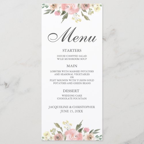 Elegant Blush Pink Floral Wedding 2 Sided Dinner Menu