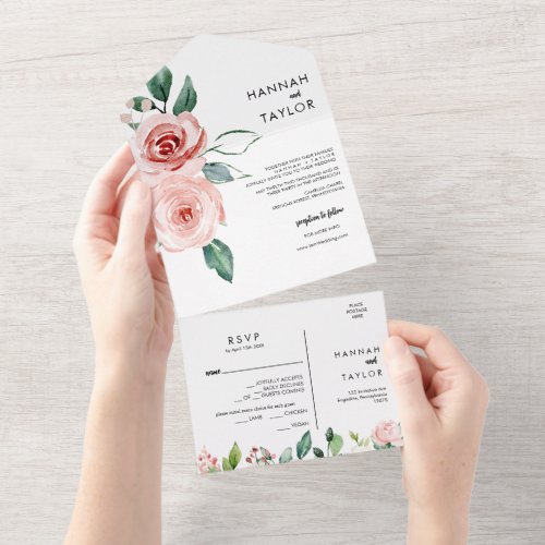 Elegant Blush Pink Floral Wedding All In One Invitation