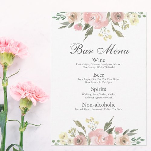 Elegant Blush Pink Floral Wedding Bar Drinks Menu