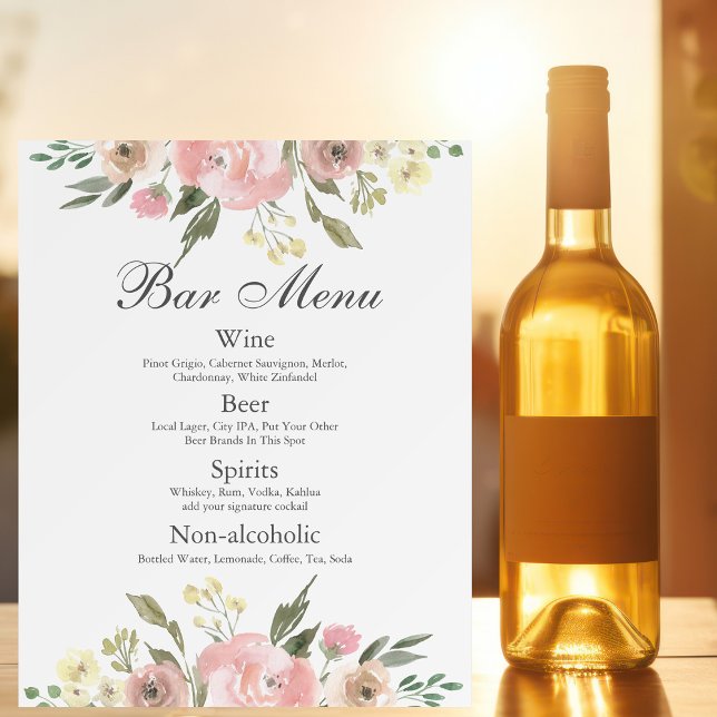 Elegant Blush Pink Floral Wedding Bar Menu Foam Board (Creator Uploaded)