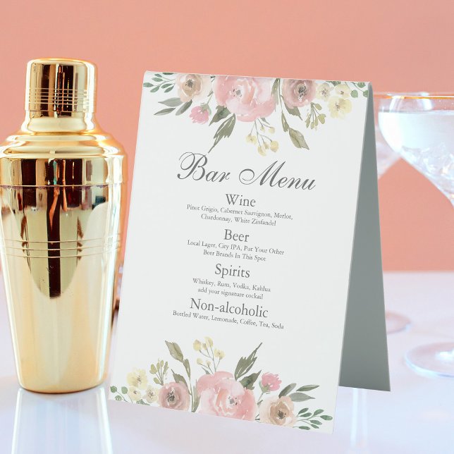 Elegant Blush Pink Floral Wedding Bar Menu Table Tent (Creator Uploaded)