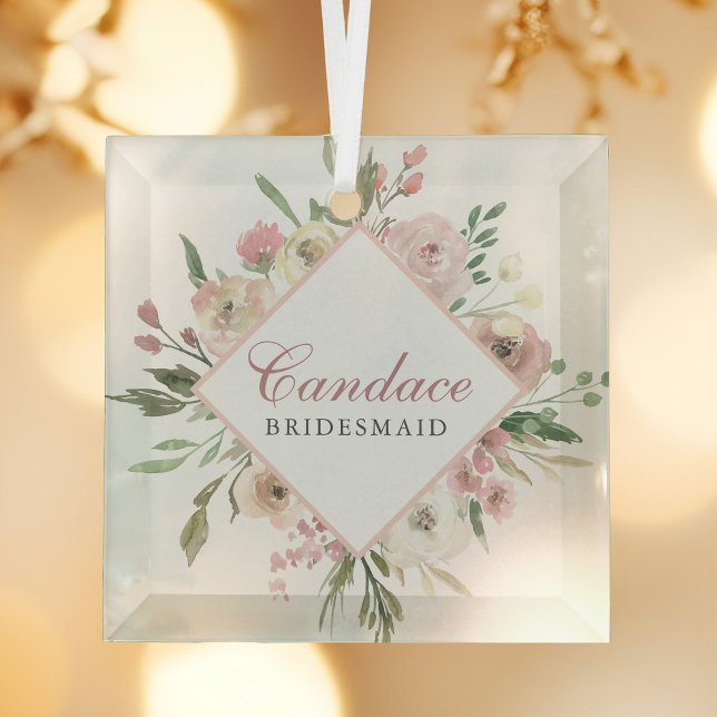 Elegant Blush Pink Floral Wedding Bridesmaid Gift Glass Ornament (Creator Uploaded)